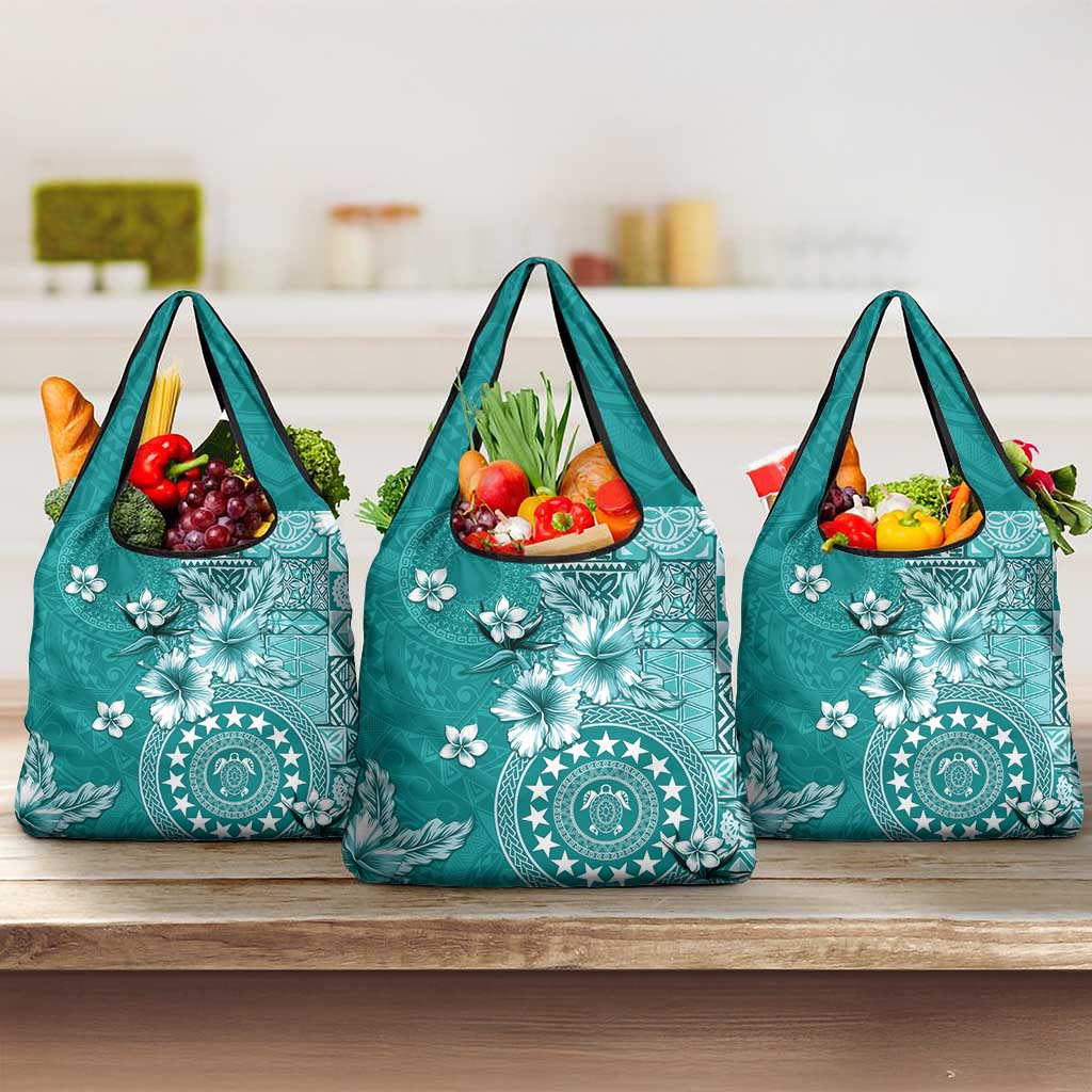 Cook Islands Grocery Bag Teal Hibiscus And Stars