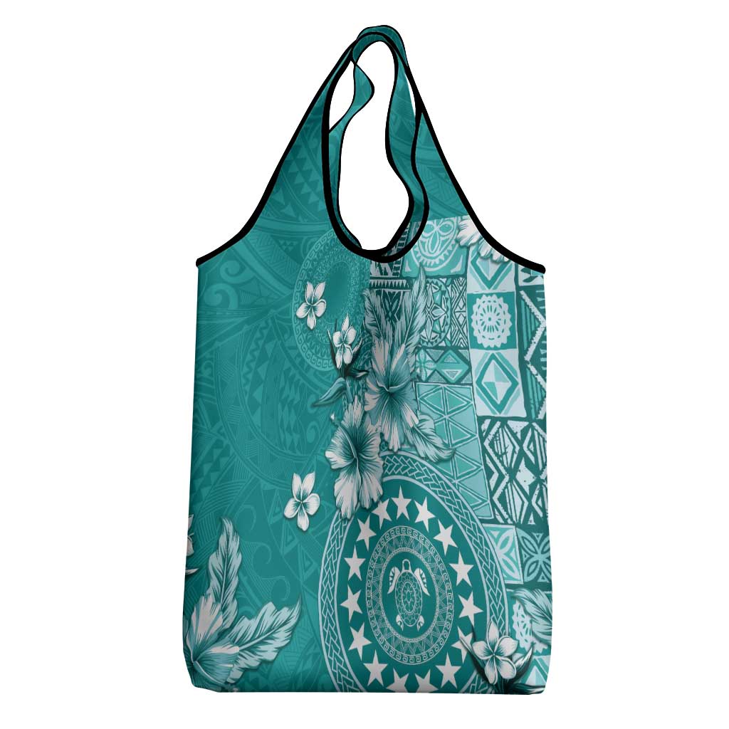 Cook Islands Grocery Bag Teal Hibiscus And Stars