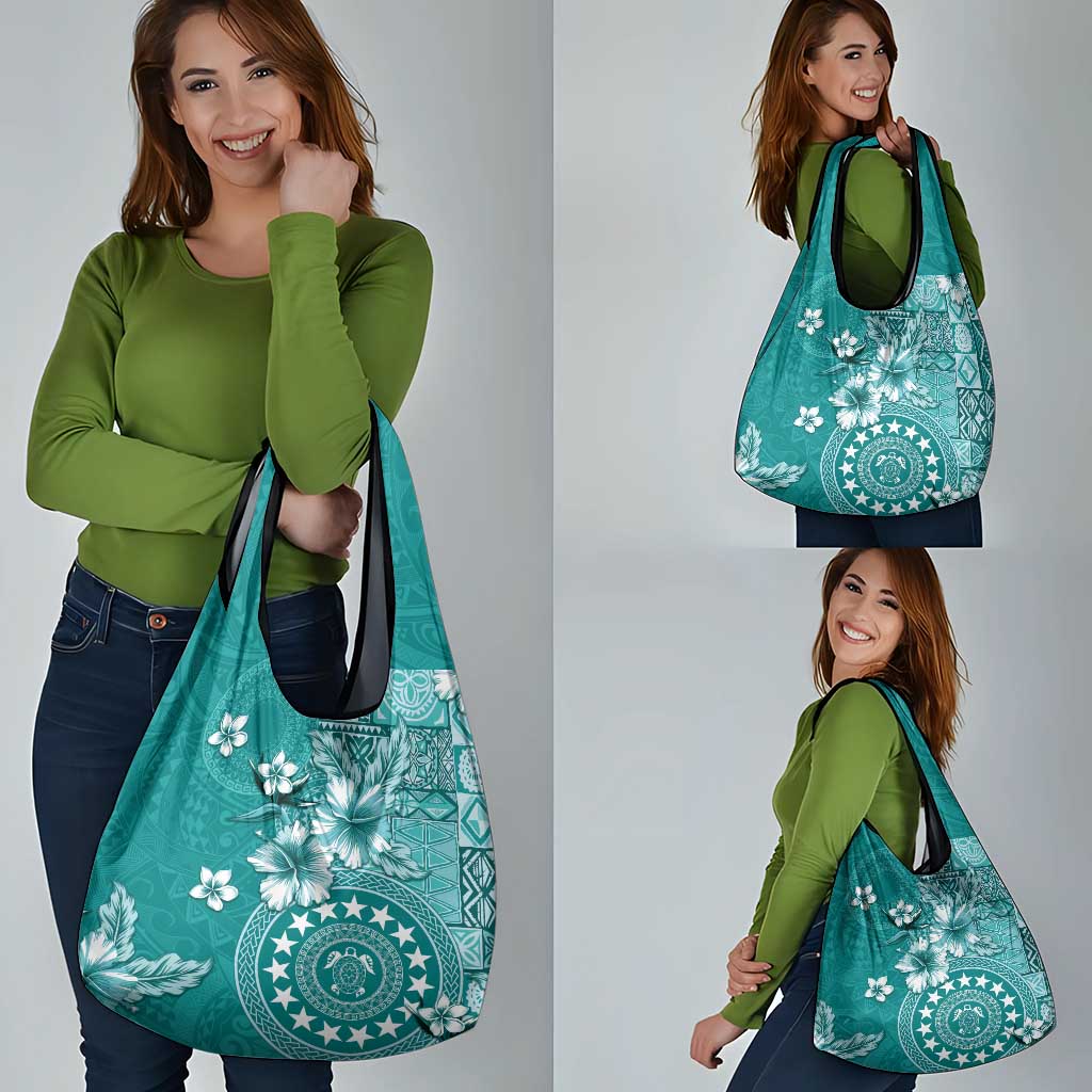 Cook Islands Grocery Bag Teal Hibiscus And Stars