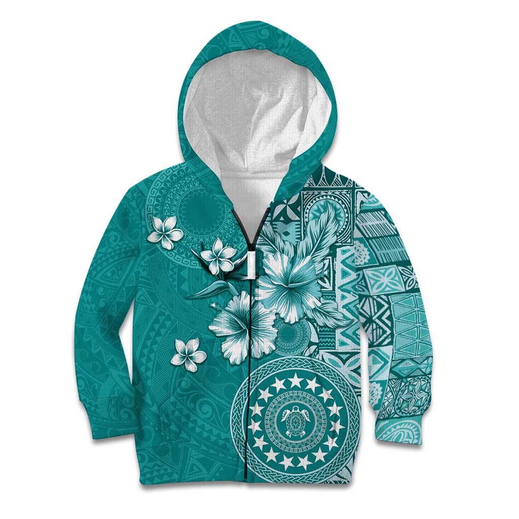 Cook Islands Kid Hoodie Teal Hibiscus And Stars