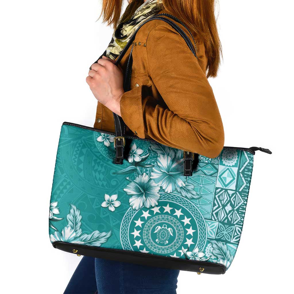 Cook Islands Leather Tote Bag Teal Hibiscus And Stars