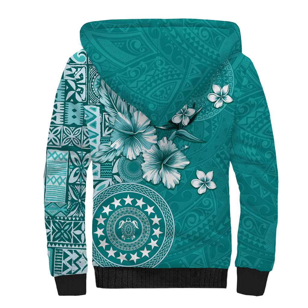 Cook Islands Sherpa Hoodie Teal Hibiscus And Stars