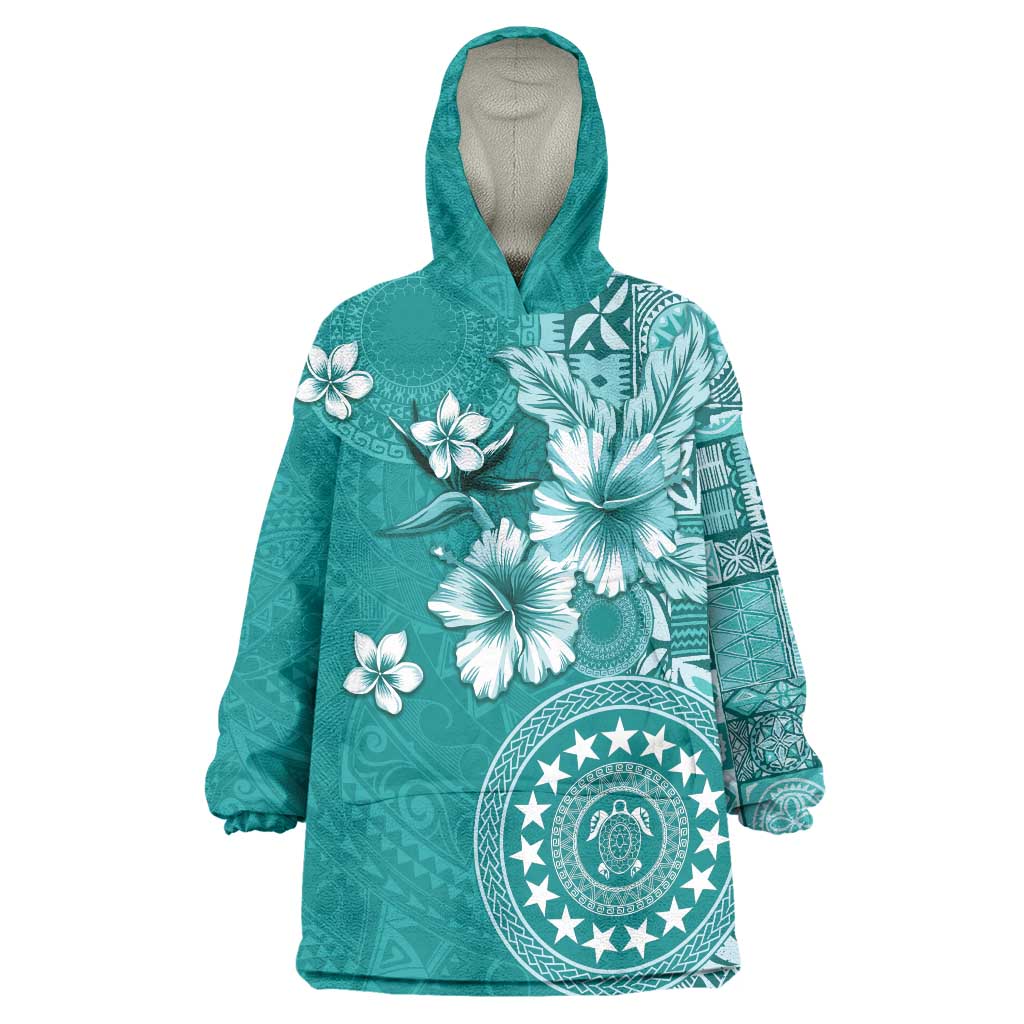 Cook Islands Wearable Blanket Hoodie Teal Hibiscus And Stars