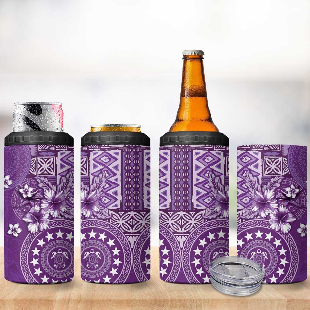Cook Islands 4 in 1 Can Cooler Tumbler Purple Hibiscus And Stars