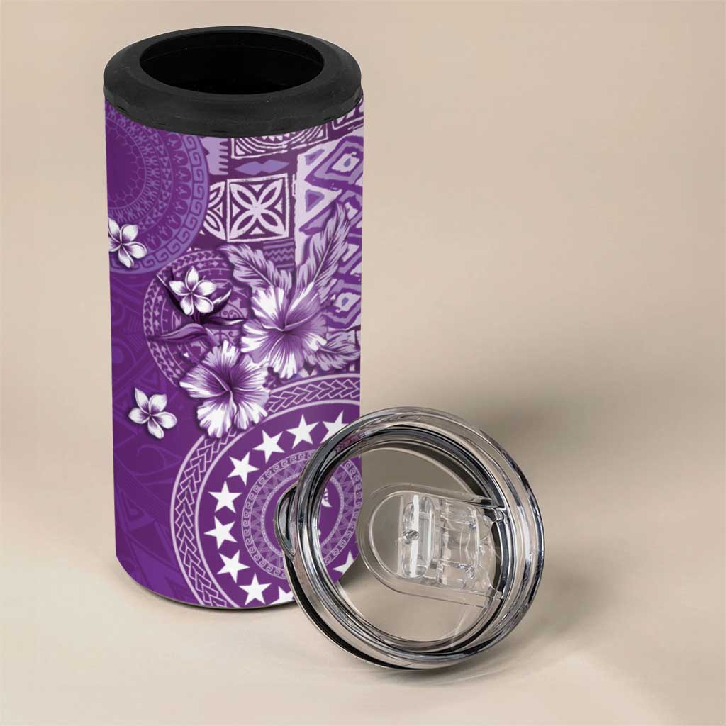 Cook Islands 4 in 1 Can Cooler Tumbler Purple Hibiscus And Stars