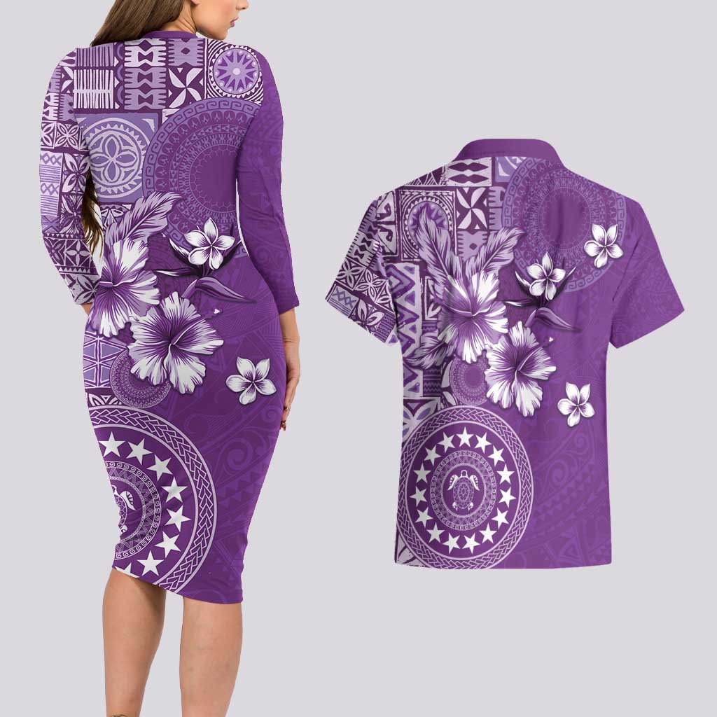 Cook Islands Couples Matching Long Sleeve Bodycon Dress and Hawaiian Shirt Purple Hibiscus And Stars