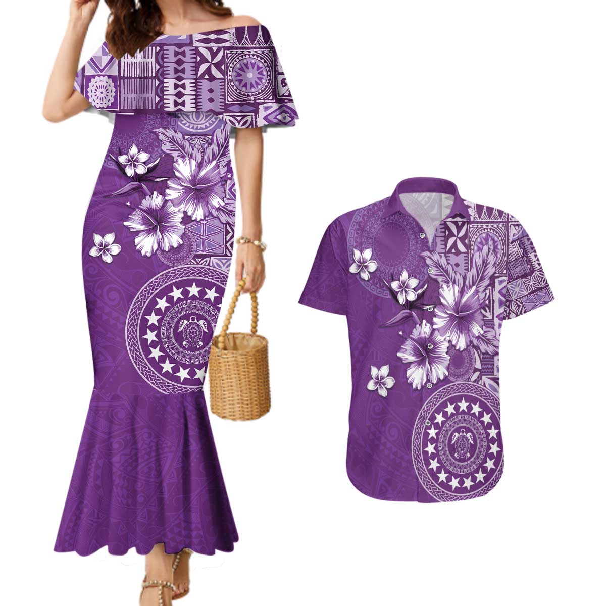 Cook Islands Couples Matching Mermaid Dress and Hawaiian Shirt Purple Hibiscus And Stars