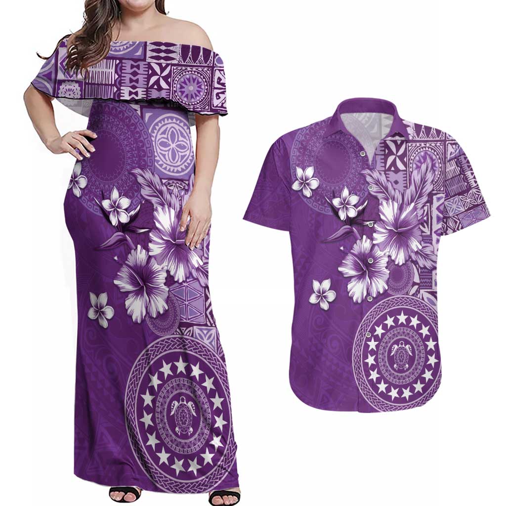 Cook Islands Couples Matching Off Shoulder Maxi Dress and Hawaiian Shirt Purple Hibiscus And Stars