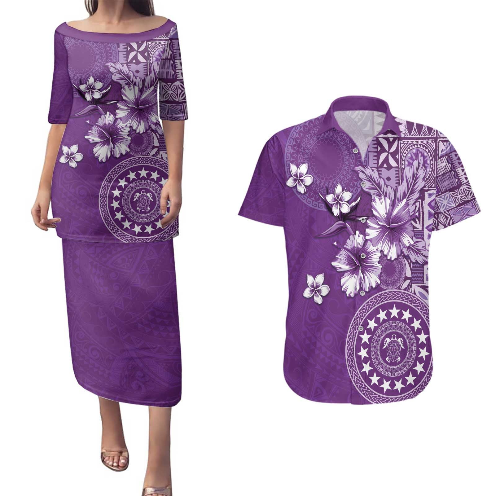Cook Islands Couples Matching Puletasi and Hawaiian Shirt Purple Hibiscus And Stars