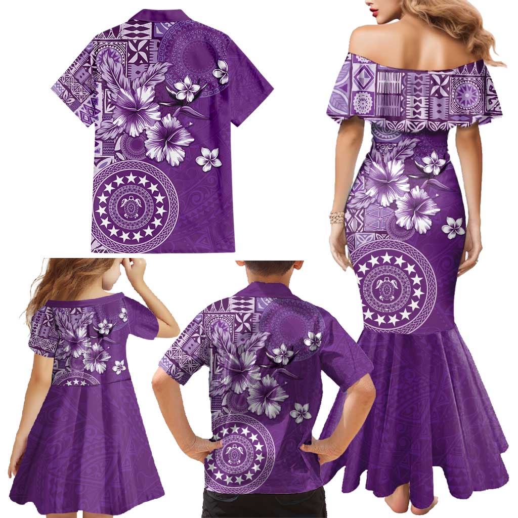 Cook Islands Family Matching Mermaid Dress and Hawaiian Shirt Purple Hibiscus And Stars