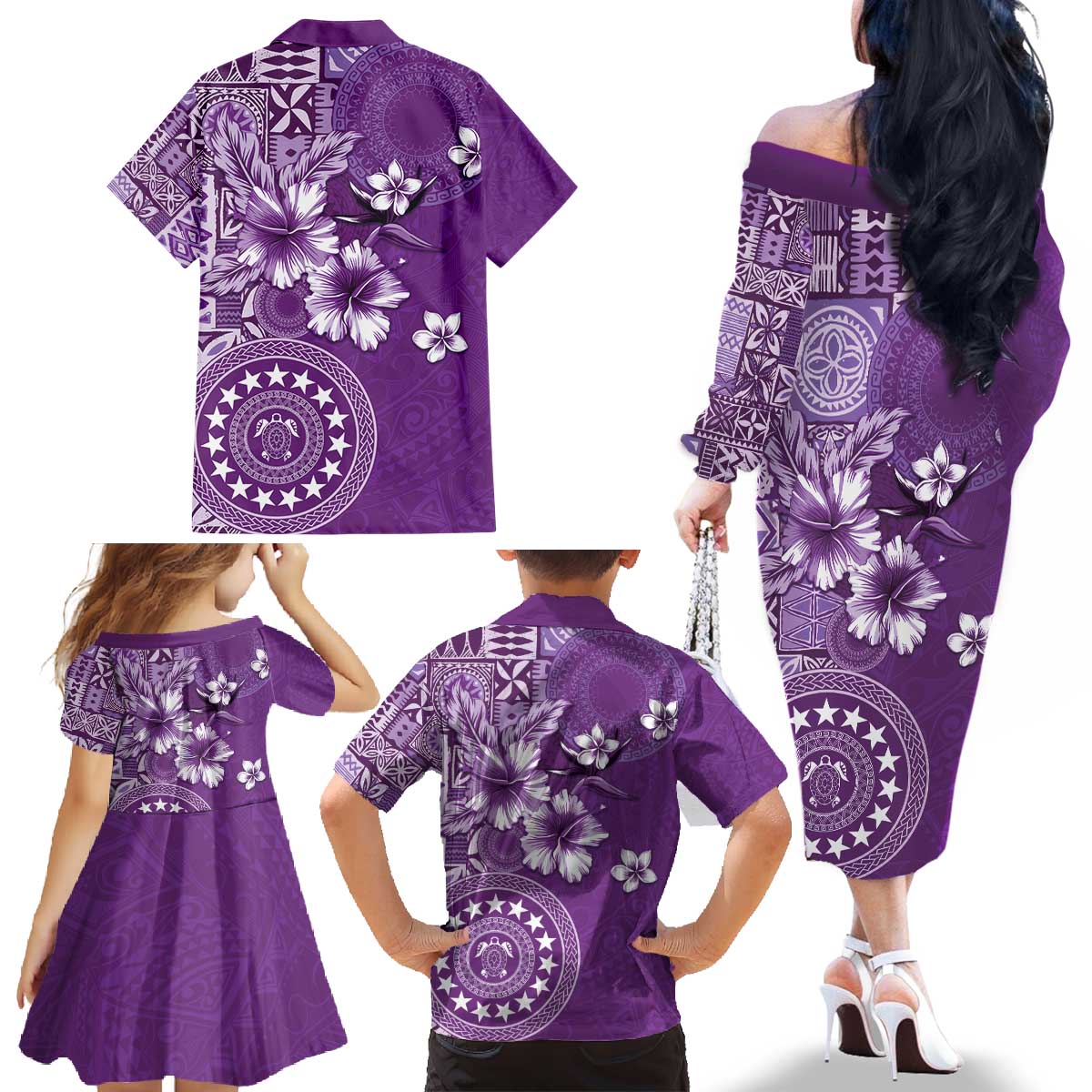 Cook Islands Family Matching Off The Shoulder Long Sleeve Dress and Hawaiian Shirt Purple Hibiscus And Stars LT05 - Polynesian Pride