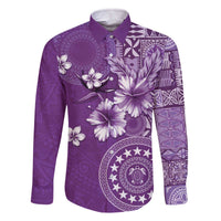 Cook Islands Family Matching Off The Shoulder Long Sleeve Dress and Hawaiian Shirt Purple Hibiscus And Stars LT05 Dad's Shirt - Long Sleeve Purple - Polynesian Pride