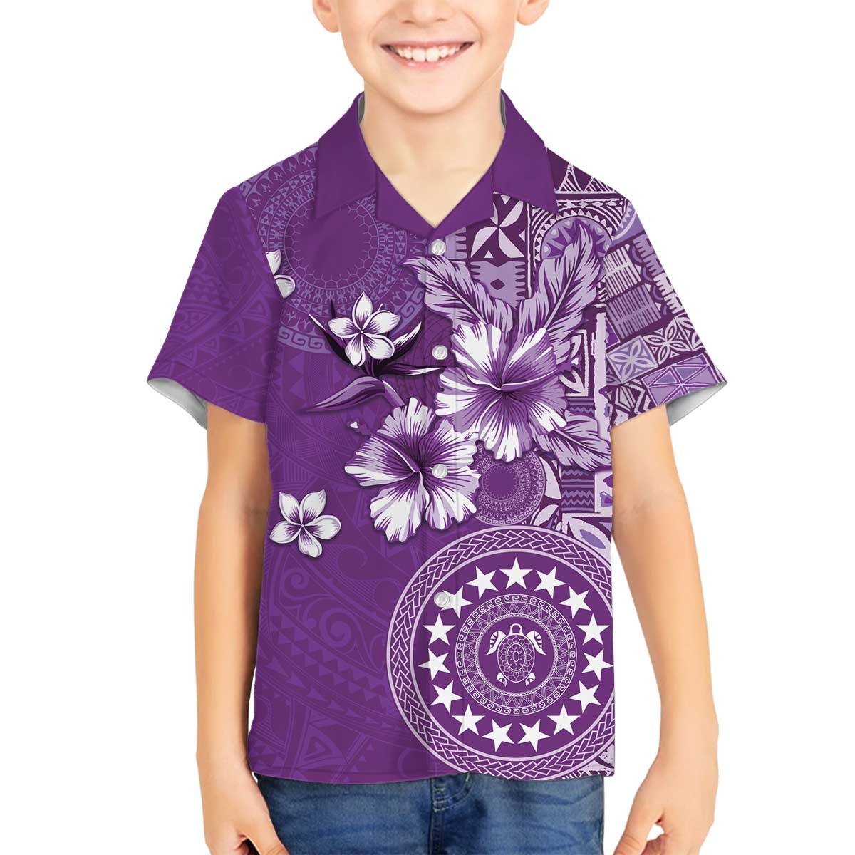 Cook Islands Family Matching Off The Shoulder Long Sleeve Dress and Hawaiian Shirt Purple Hibiscus And Stars LT05 Son's Shirt Purple - Polynesian Pride