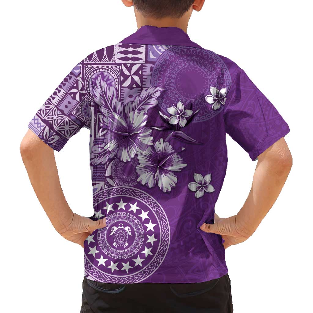 Cook Islands Family Matching Off Shoulder Short Dress and Hawaiian Shirt Purple Hibiscus And Stars LT05 - Polynesian Pride