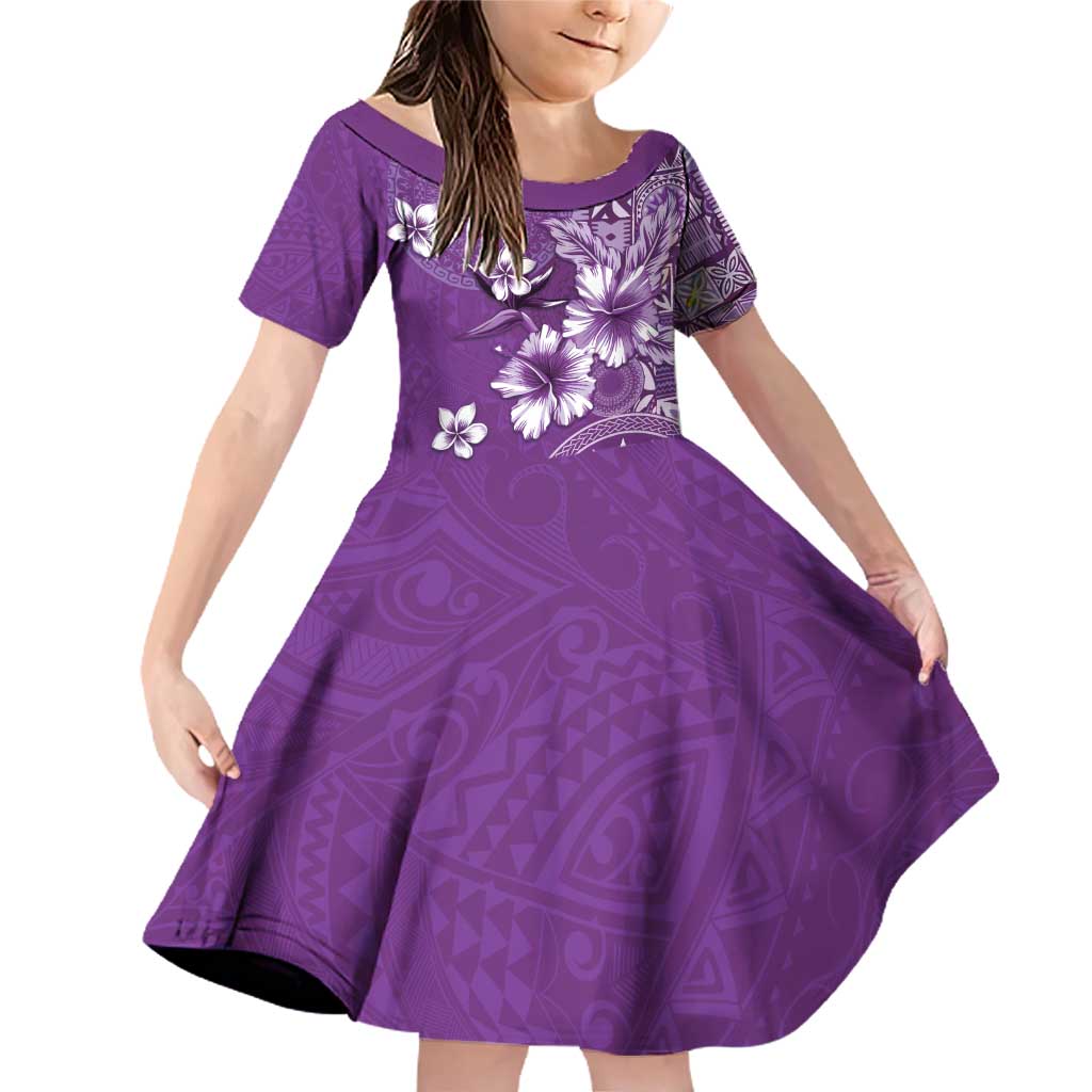 Cook Islands Family Matching Off Shoulder Short Dress and Hawaiian Shirt Purple Hibiscus And Stars LT05 Daughter's Dress Purple - Polynesian Pride