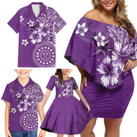Cook Islands Family Matching Off Shoulder Short Dress and Hawaiian Shirt Purple Hibiscus And Stars LT05 - Polynesian Pride