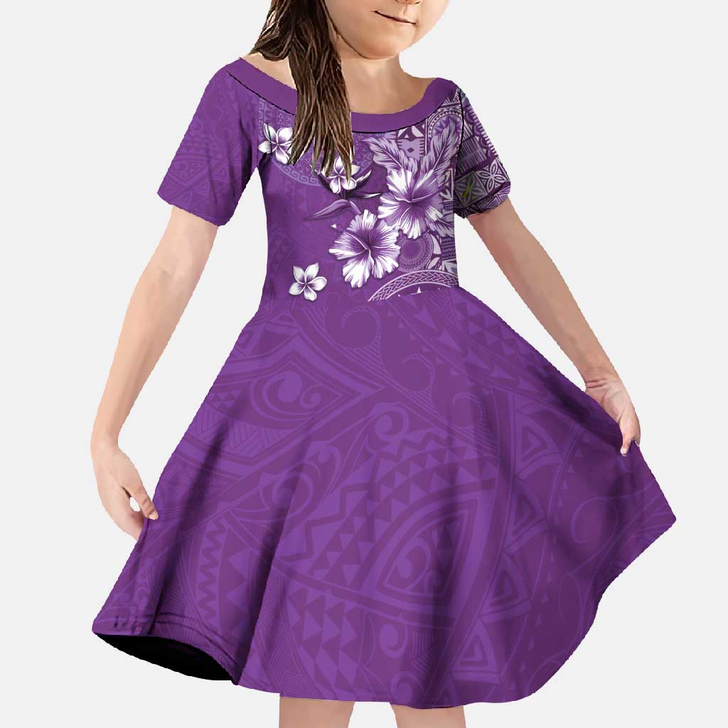 Cook Islands Family Matching Summer Maxi Dress and Hawaiian Shirt Purple Hibiscus And Stars LT05 Daughter's Dress Purple - Polynesian Pride
