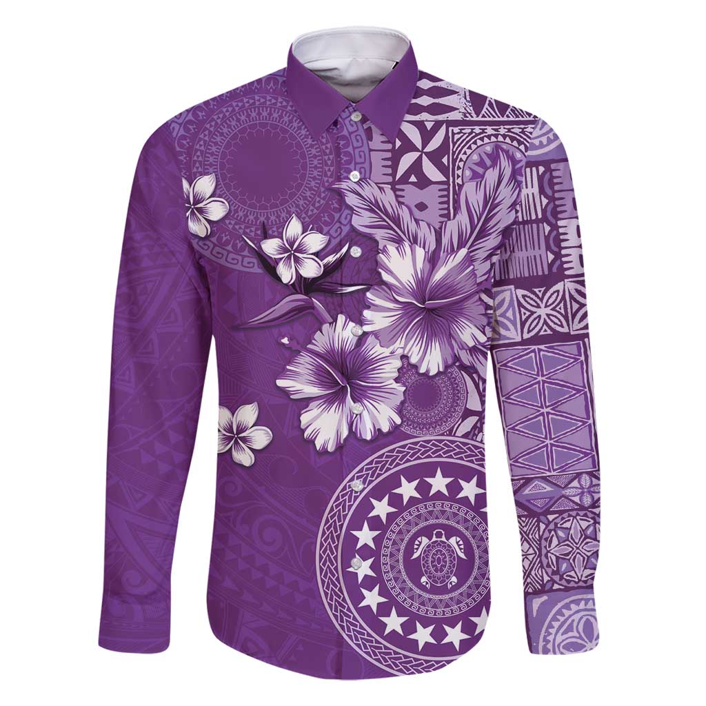 Cook Islands Family Matching Summer Maxi Dress and Hawaiian Shirt Purple Hibiscus And Stars LT05 Dad's Shirt - Long Sleeve Purple - Polynesian Pride