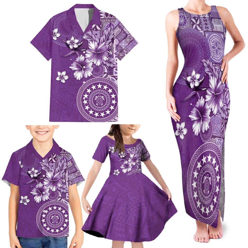 Cook Islands Family Matching Tank Maxi Dress and Hawaiian Shirt Purple Hibiscus And Stars LT05 - Polynesian Pride