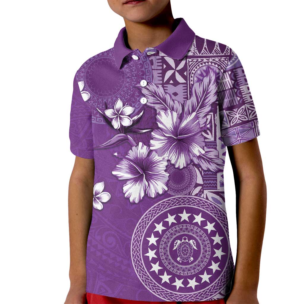 Cook Islands Kid Polo Shirt Purple Hibiscus And Stars