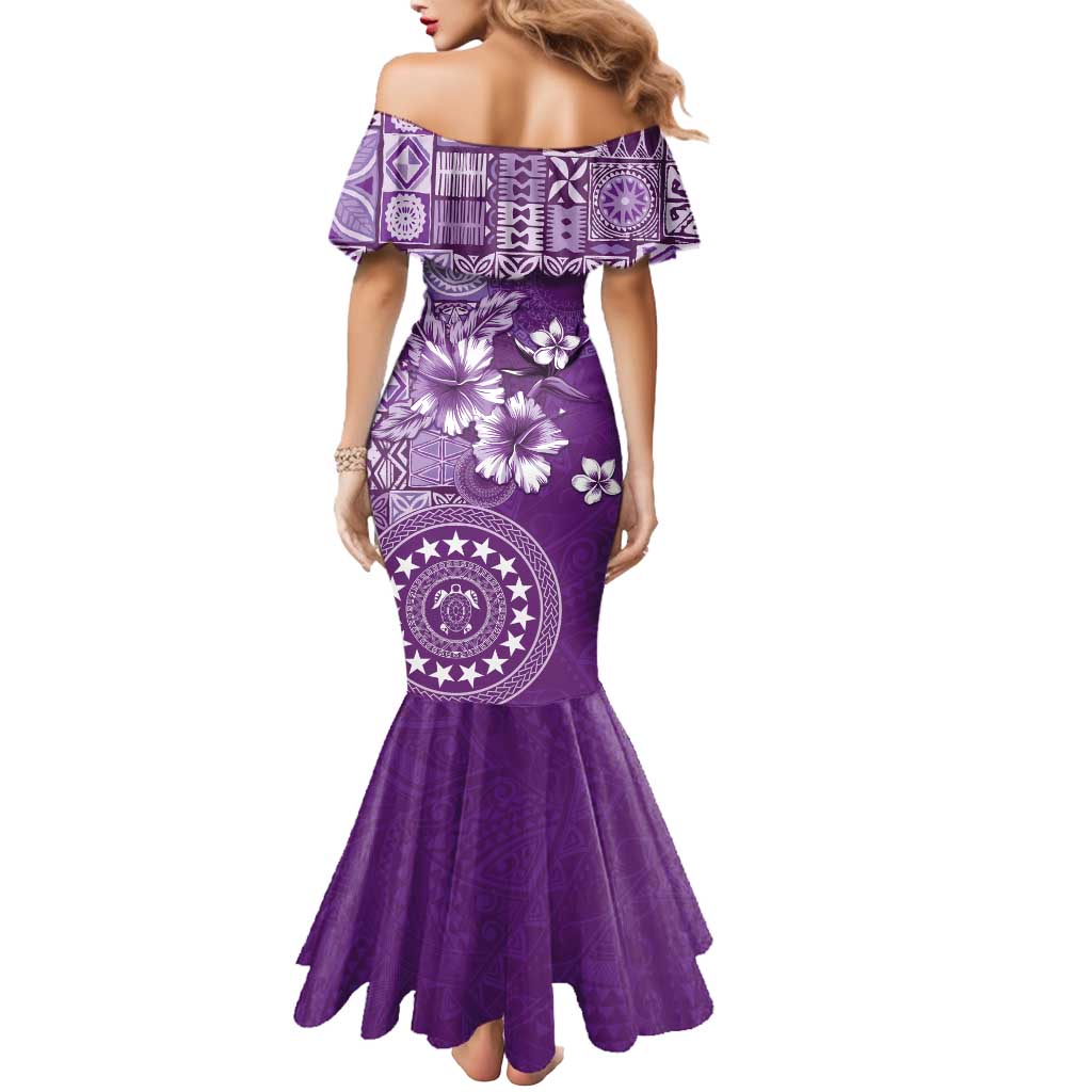 Cook Islands Mermaid Dress Purple Hibiscus And Stars