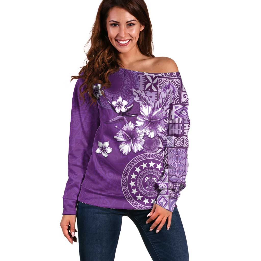 Cook Islands Off Shoulder Sweater Purple Hibiscus And Stars