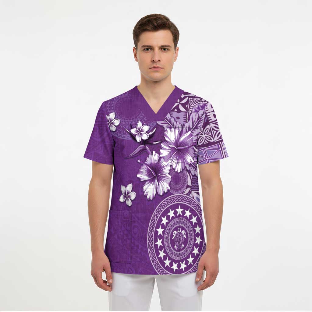 Cook Islands Scrub Top Purple Hibiscus And Stars - Polynesian Pride