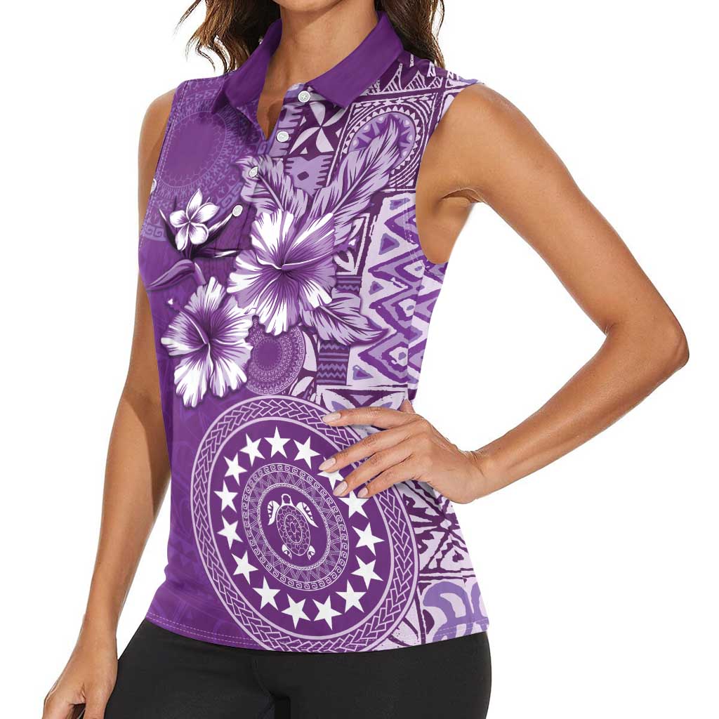 Cook Islands Women Sleeveless Polo Shirt Purple Hibiscus And Stars