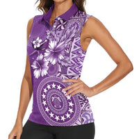 Cook Islands Women Sleeveless Polo Shirt Purple Hibiscus And Stars