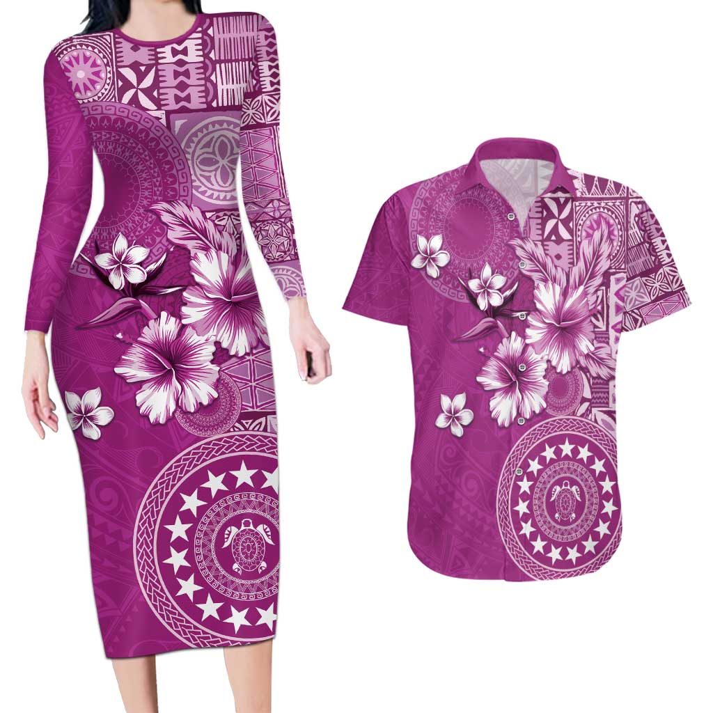 Cook Islands Couples Matching Long Sleeve Bodycon Dress and Hawaiian Shirt Fandango Hibiscus And Stars LT05 Fandango - Polynesian Pride