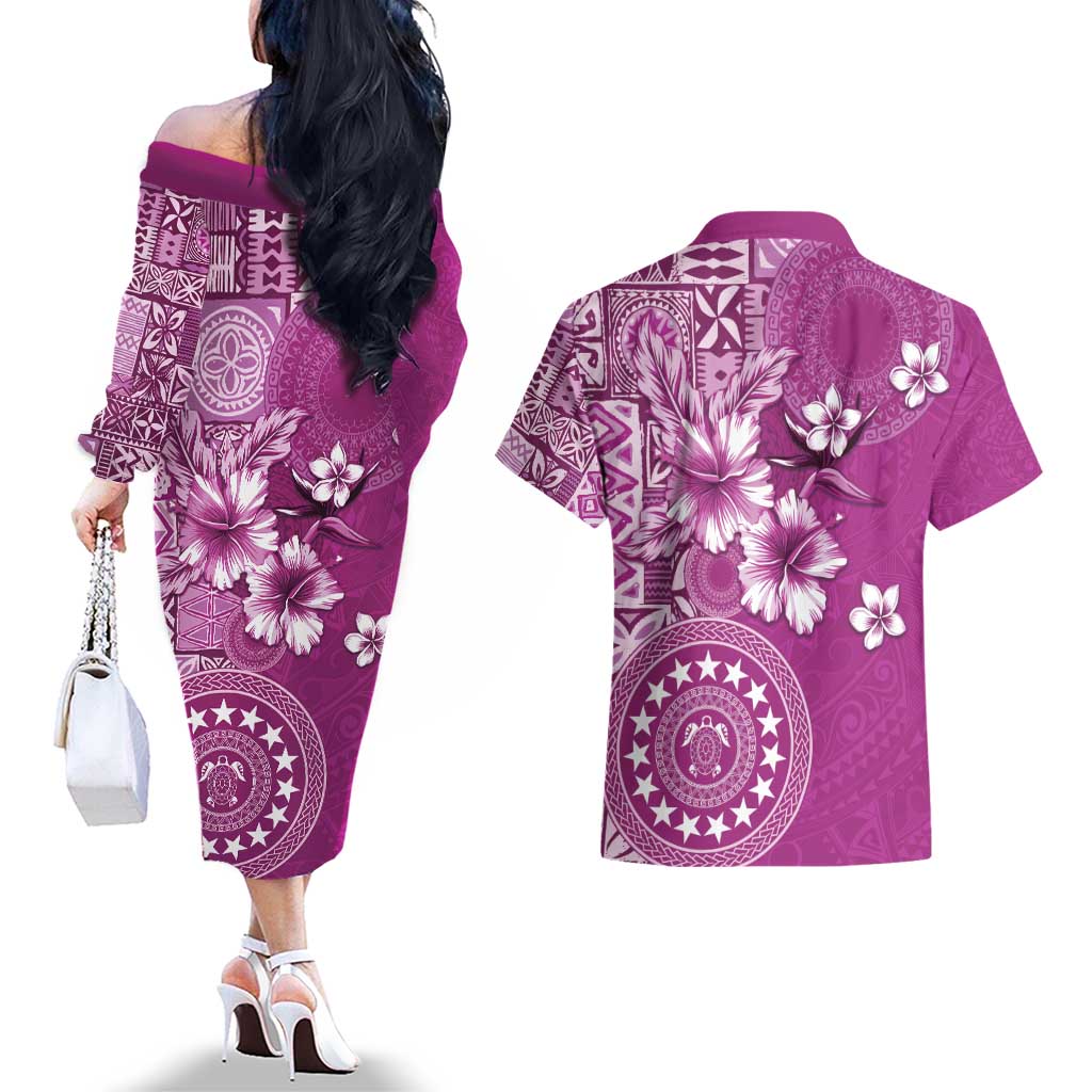 Cook Islands Couples Matching Off The Shoulder Long Sleeve Dress and Hawaiian Shirt Fandango Hibiscus And Stars LT05 - Polynesian Pride