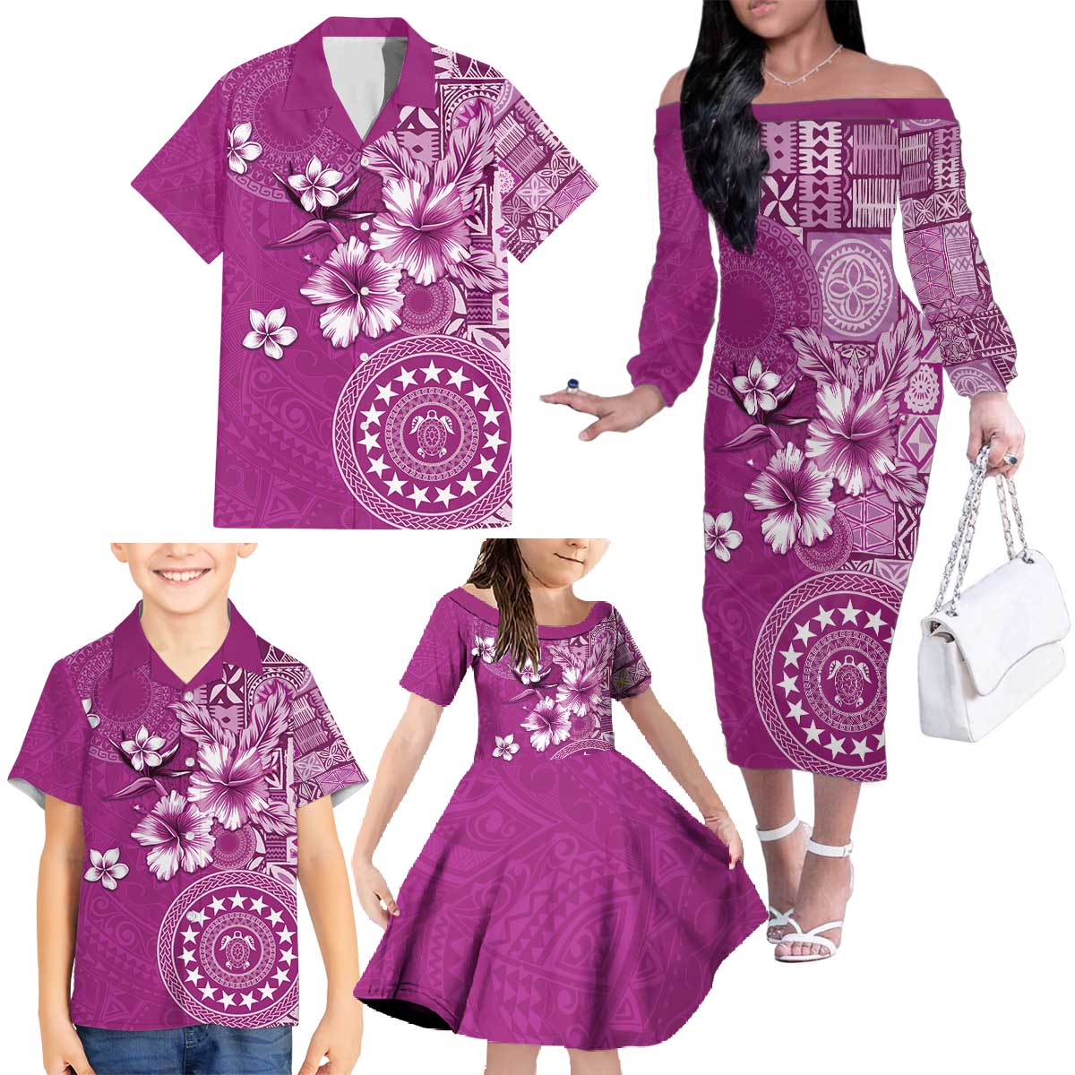 Cook Islands Family Matching Off The Shoulder Long Sleeve Dress and Hawaiian Shirt Fandango Hibiscus And Stars LT05 - Polynesian Pride