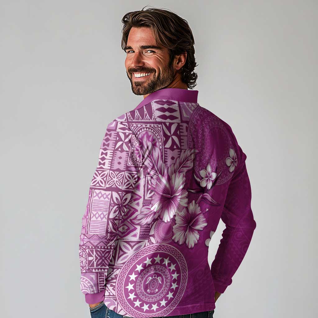 Cook Islands Long Sleeve Polo Shirt Fandango Hibiscus And Stars