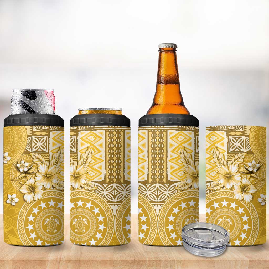 Cook Islands 4 in 1 Can Cooler Tumbler Yellow Hibiscus And Stars