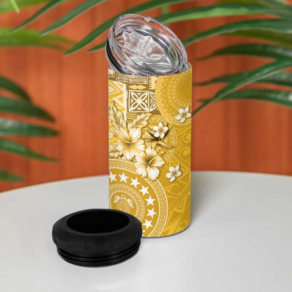 Cook Islands 4 in 1 Can Cooler Tumbler Yellow Hibiscus And Stars