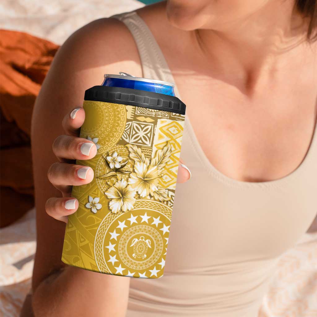 Cook Islands 4 in 1 Can Cooler Tumbler Yellow Hibiscus And Stars