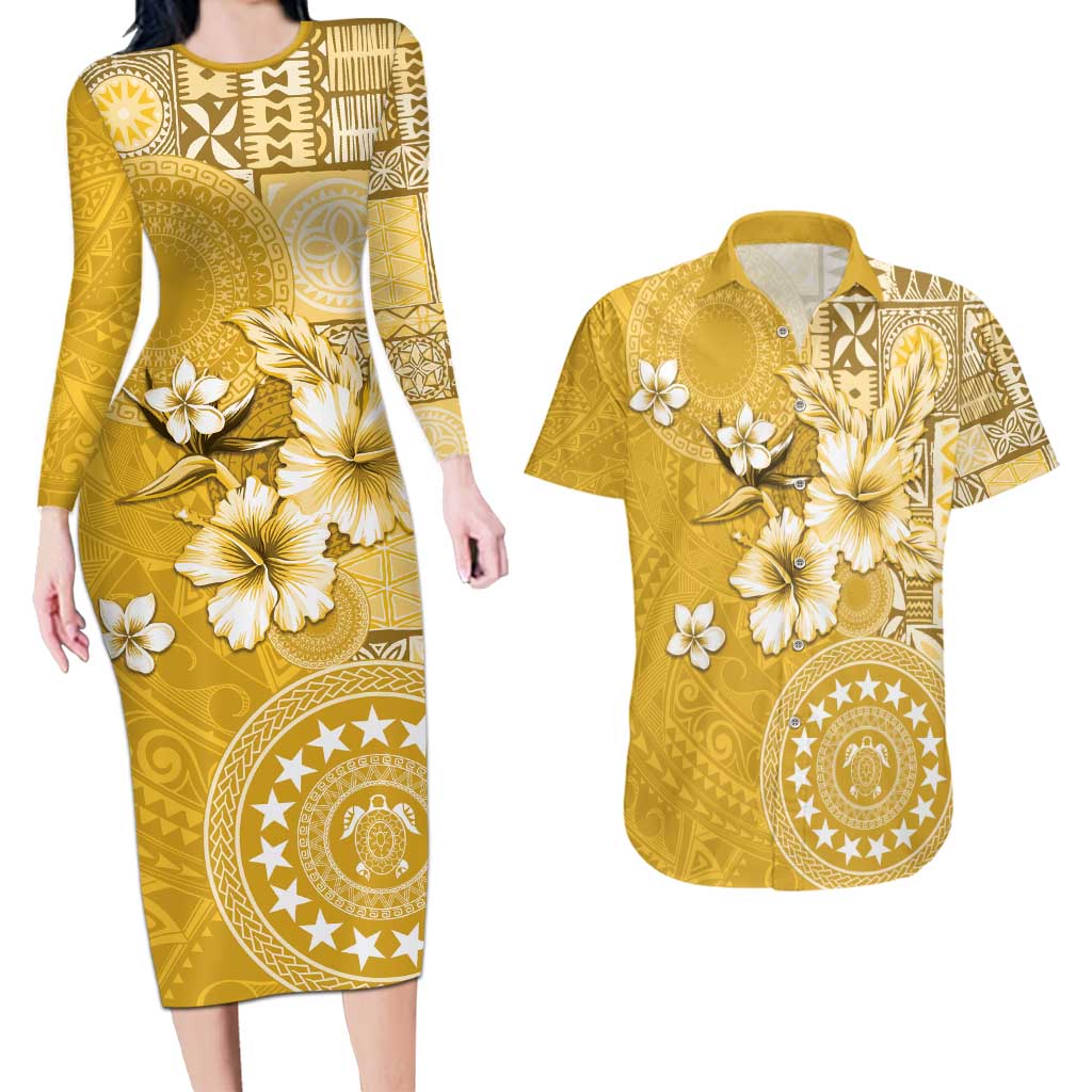 Cook Islands Couples Matching Long Sleeve Bodycon Dress and Hawaiian Shirt Yellow Hibiscus And Stars LT05 Yellow - Polynesian Pride