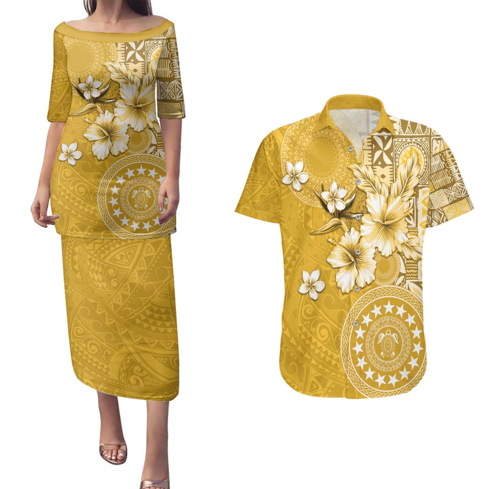 Cook Islands Couples Matching Puletasi and Hawaiian Shirt Yellow Hibiscus And Stars
