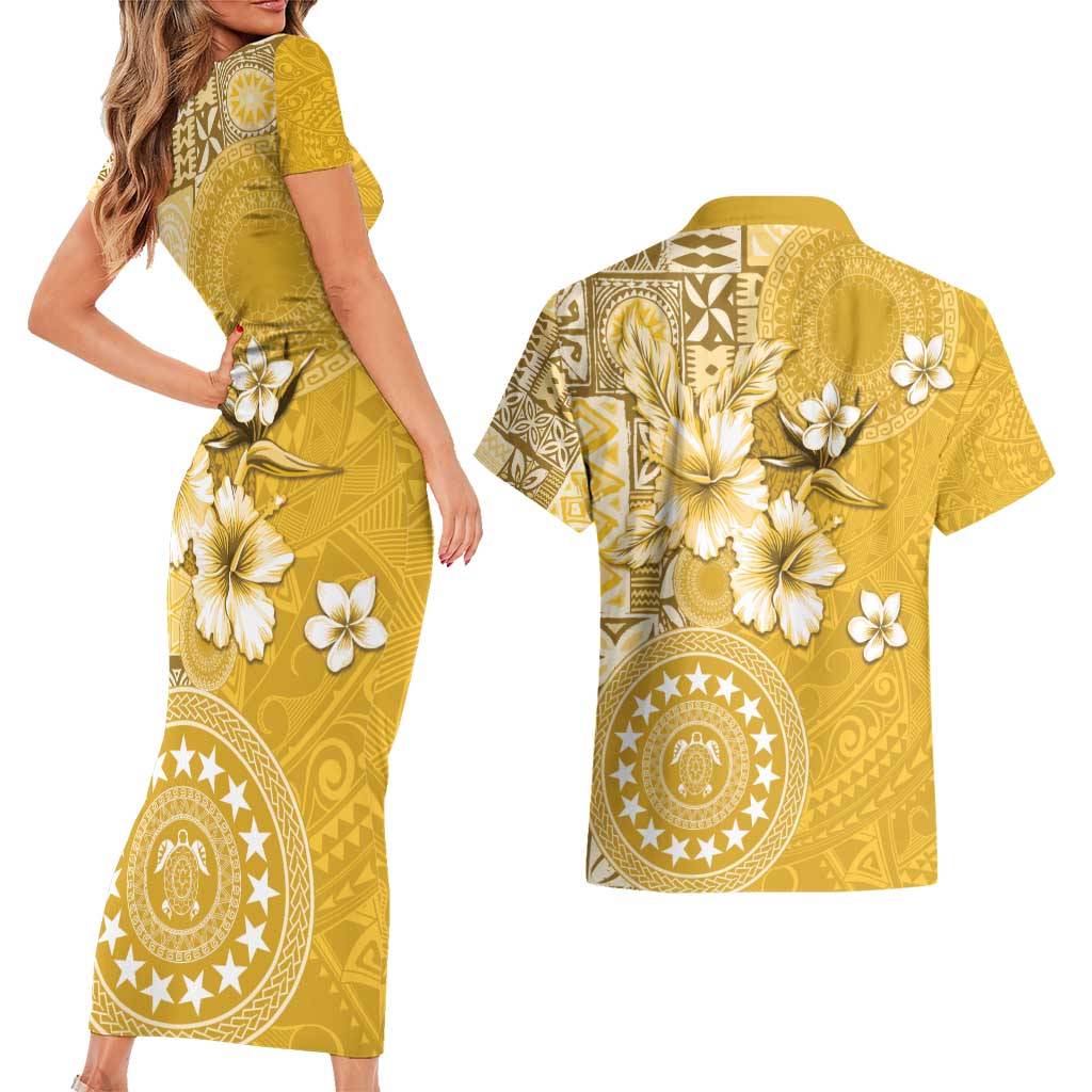Cook Islands Couples Matching Short Sleeve Bodycon Dress and Hawaiian Shirt Yellow Hibiscus And Stars LT05 - Polynesian Pride