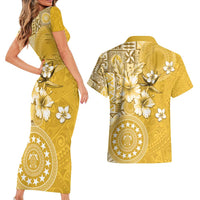 Cook Islands Couples Matching Short Sleeve Bodycon Dress and Hawaiian Shirt Yellow Hibiscus And Stars LT05 - Polynesian Pride