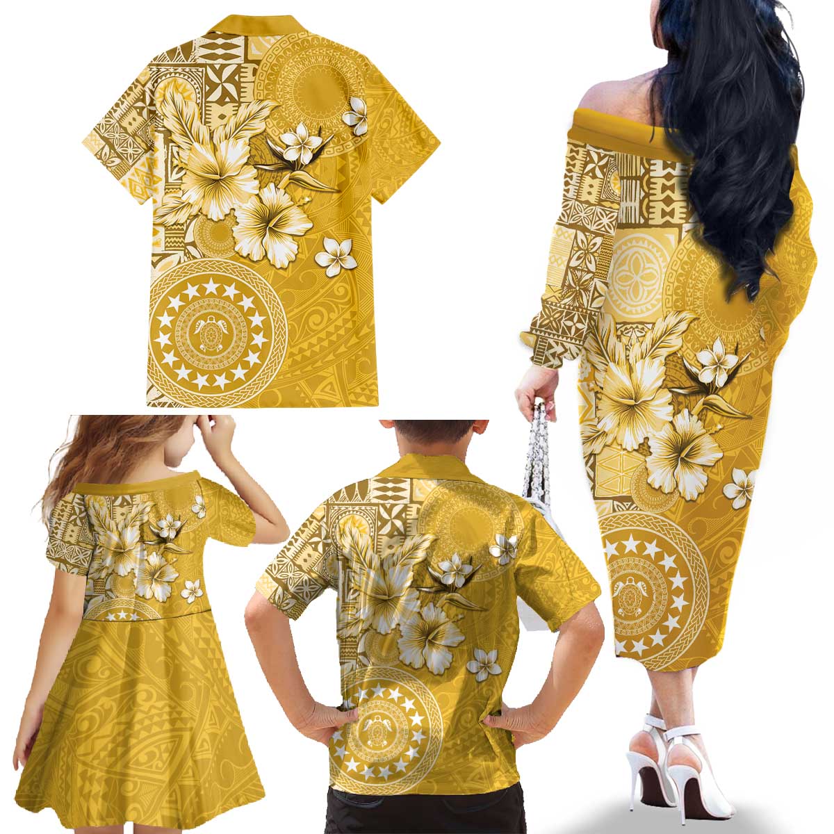 Cook Islands Family Matching Off The Shoulder Long Sleeve Dress and Hawaiian Shirt Yellow Hibiscus And Stars LT05 - Polynesian Pride