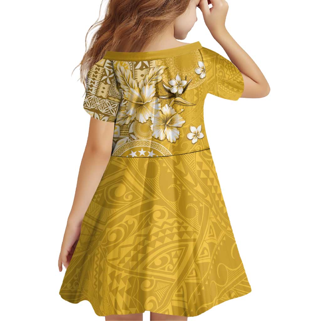 Cook Islands Family Matching Off Shoulder Short Dress and Hawaiian Shirt Yellow Hibiscus And Stars LT05 - Polynesian Pride