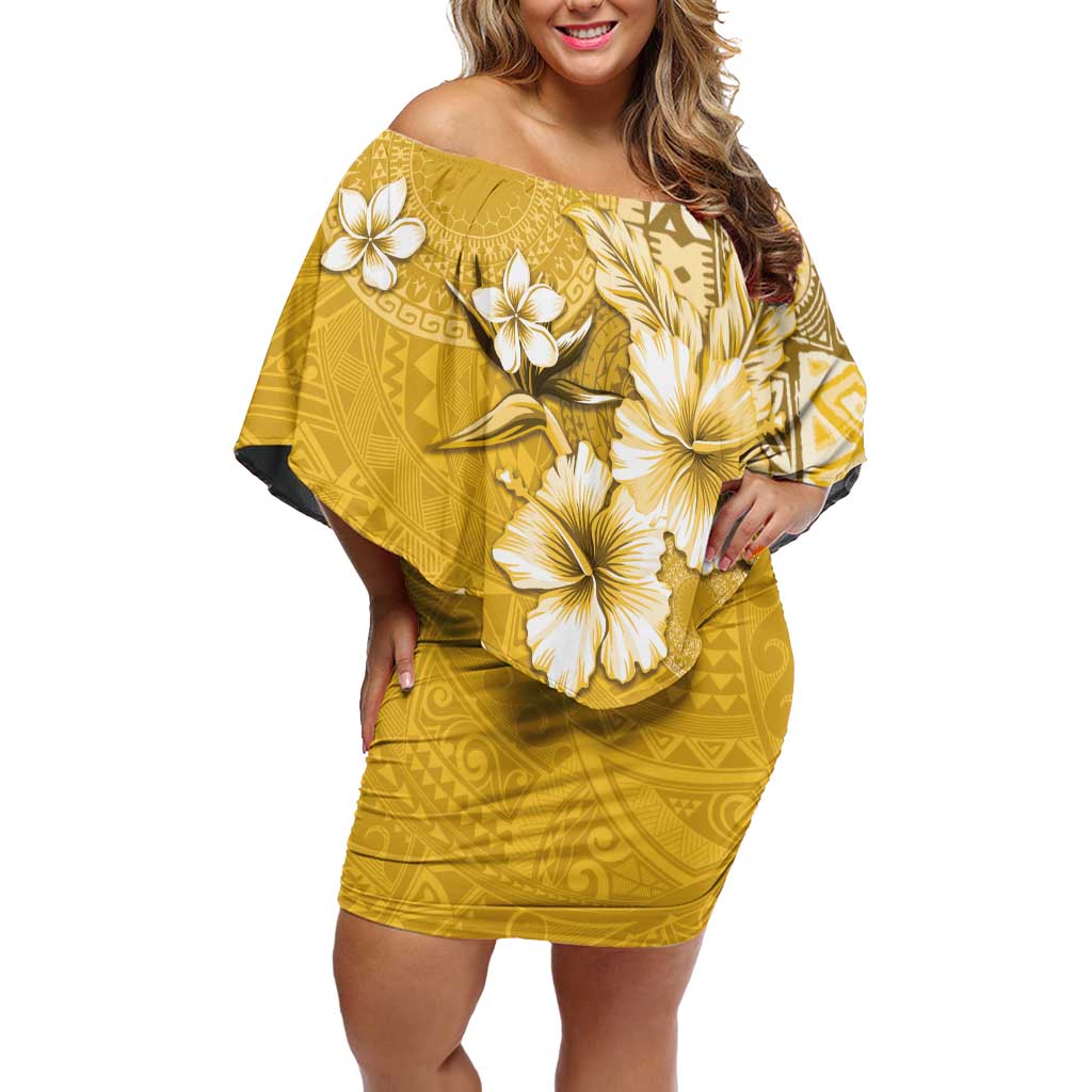 Cook Islands Family Matching Off Shoulder Short Dress and Hawaiian Shirt Yellow Hibiscus And Stars LT05 Mom's Dress Yellow - Polynesian Pride