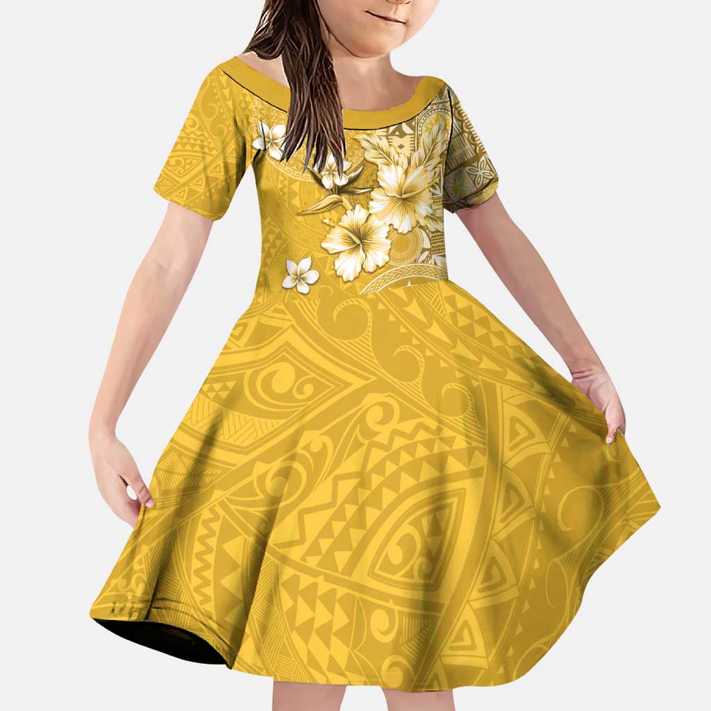 Cook Islands Family Matching Puletasi and Hawaiian Shirt Yellow Hibiscus And Stars LT05 Daughter's Dress Yellow - Polynesian Pride