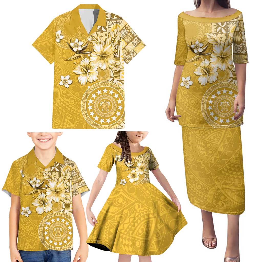 Cook Islands Family Matching Puletasi and Hawaiian Shirt Yellow Hibiscus And Stars LT05 - Polynesian Pride