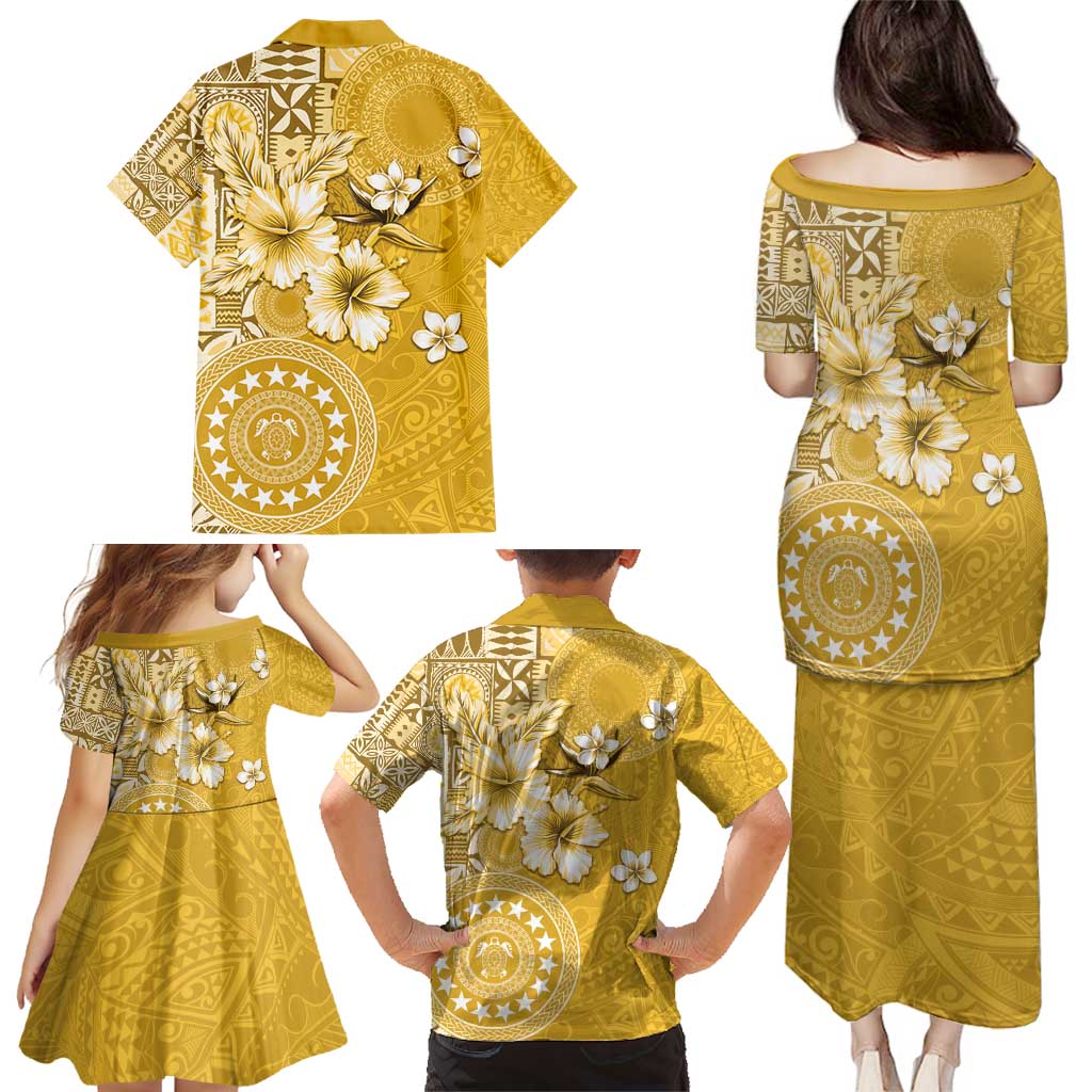 Cook Islands Family Matching Puletasi and Hawaiian Shirt Yellow Hibiscus And Stars LT05 - Polynesian Pride