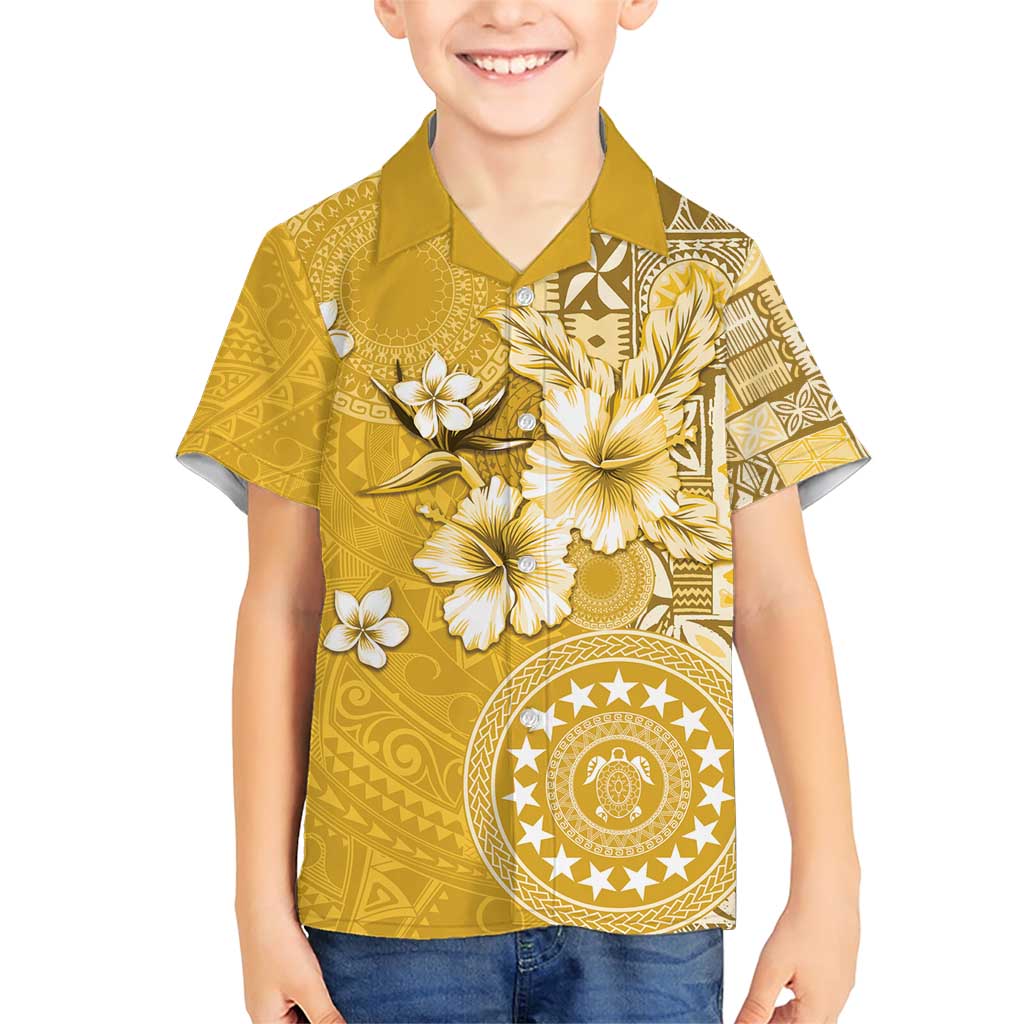 Cook Islands Family Matching Short Sleeve Bodycon Dress and Hawaiian Shirt Yellow Hibiscus And Stars