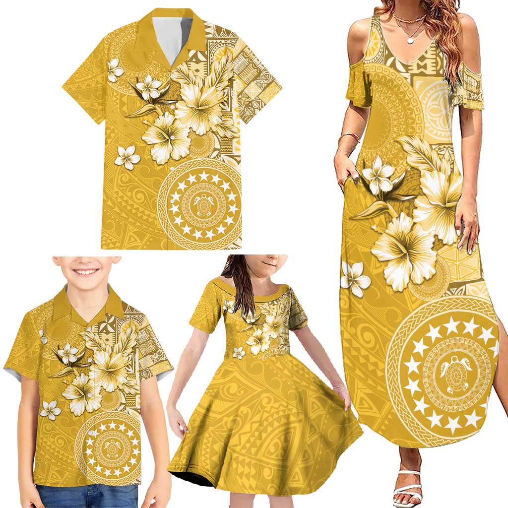 Cook Islands Family Matching Summer Maxi Dress and Hawaiian Shirt Yellow Hibiscus And Stars LT05 - Polynesian Pride