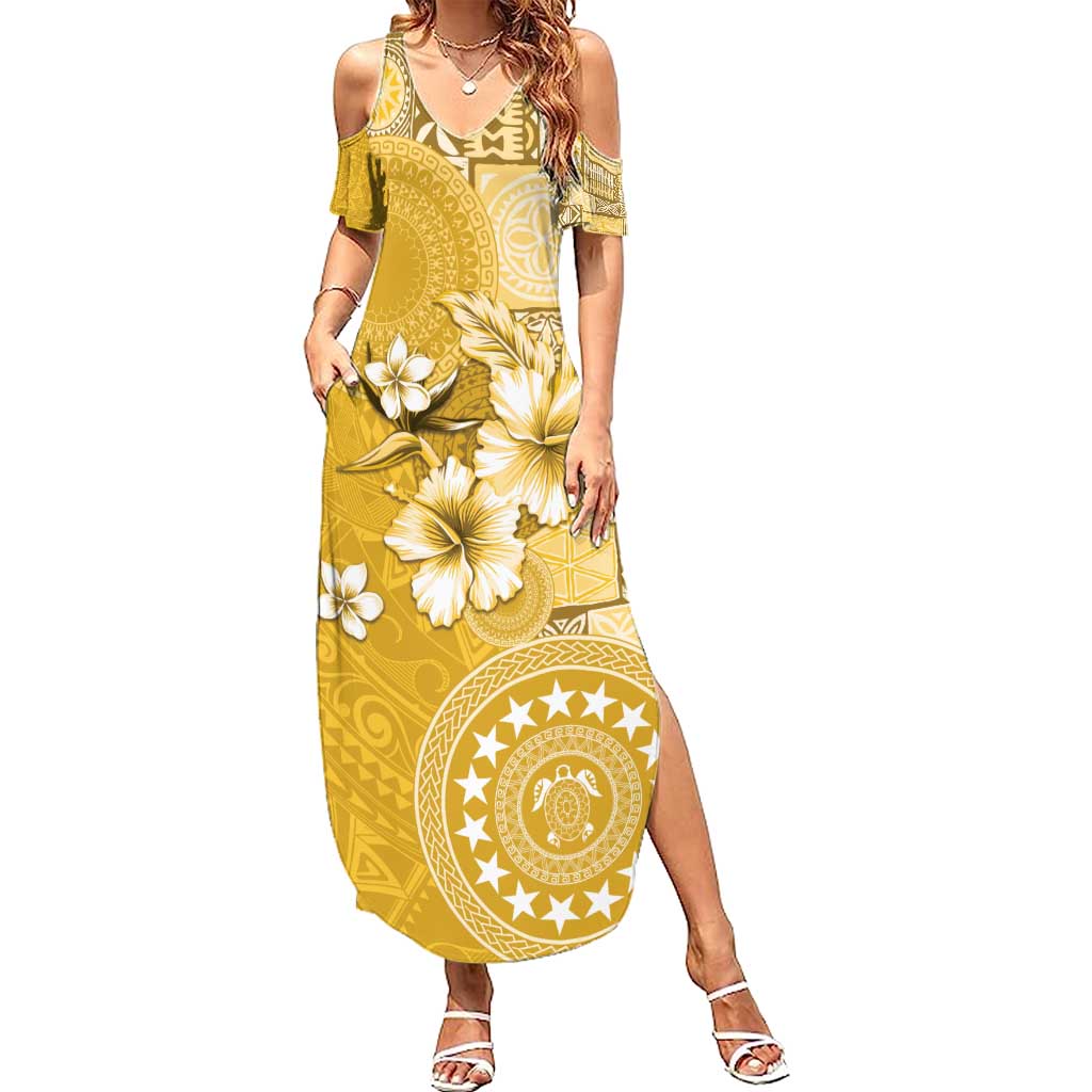 Cook Islands Family Matching Summer Maxi Dress and Hawaiian Shirt Yellow Hibiscus And Stars LT05 Mom's Dress Yellow - Polynesian Pride