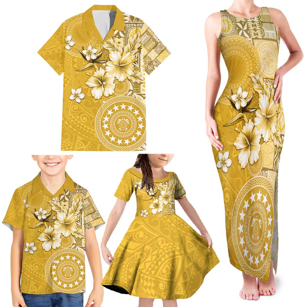 Cook Islands Family Matching Tank Maxi Dress and Hawaiian Shirt Yellow Hibiscus And Stars LT05 - Polynesian Pride